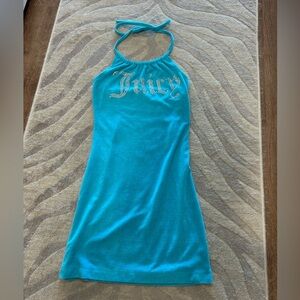 Y2K Juicy Couture Blue Terry Rhinestone Bling Logo Halter Dress